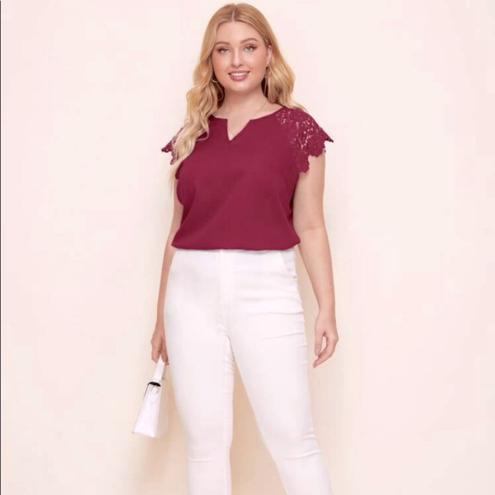 Shein Plus Notch Neck Guipure Lace Trim Top